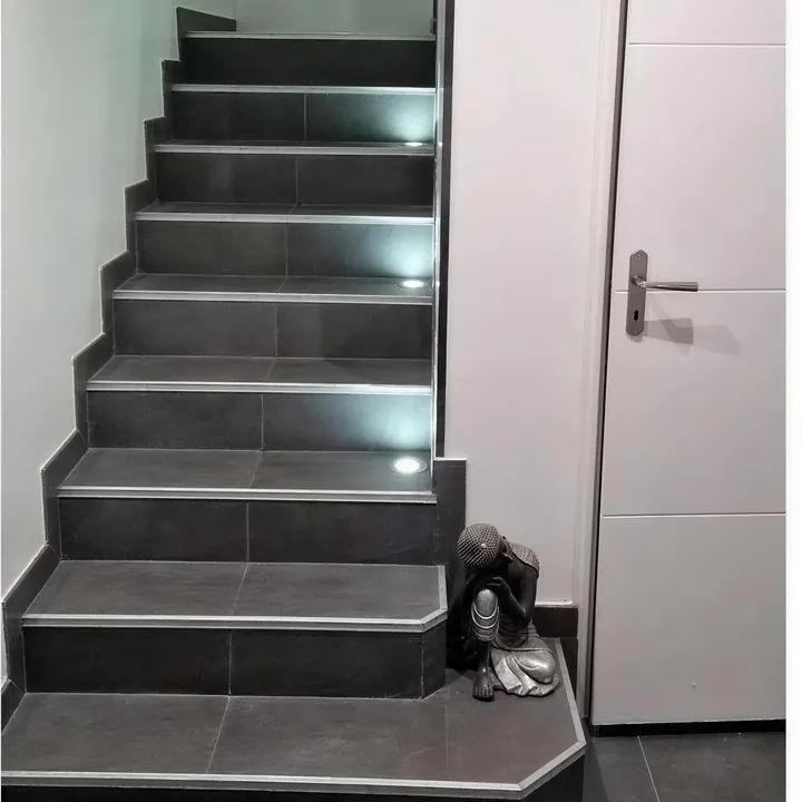 Escalier carrelé, rampe sur mesure